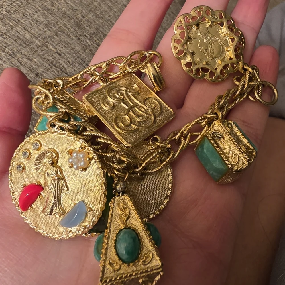Vintage Gold-Tone Charm Bracelet with Green and Multicolor Gem Accents - Picture 2 of 14